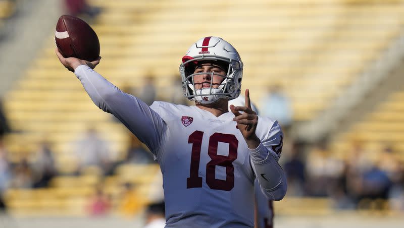 Stanford quarterback Tanner McKee warms up before a game against California in Berkeley, Calif., Saturday, Nov. 19, 2022. McKee was selected in the sixth round of the NFL draft by the Philadelphia Eagles.