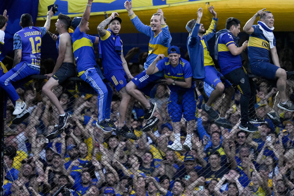 Boca Juniors fans celebrates becoming the local soccer tournament champions after a match against Independiente in Buenos Aires, Argentina, Sunday, Oct. 23, 2022. (AP (AP Photo/Natacha Pisarenko)