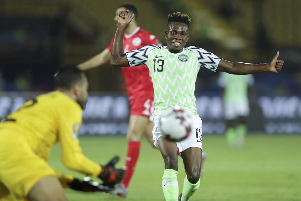 Nigeria's Samuel Chukwueze runs with the ball during the African Cup of Nations third place soccer match between Nigeria and Tunisia in Al Salam stadium in Cairo, Egypt, Wednesday, July 17, 2019. (AP Photo/Hassan Ammar)