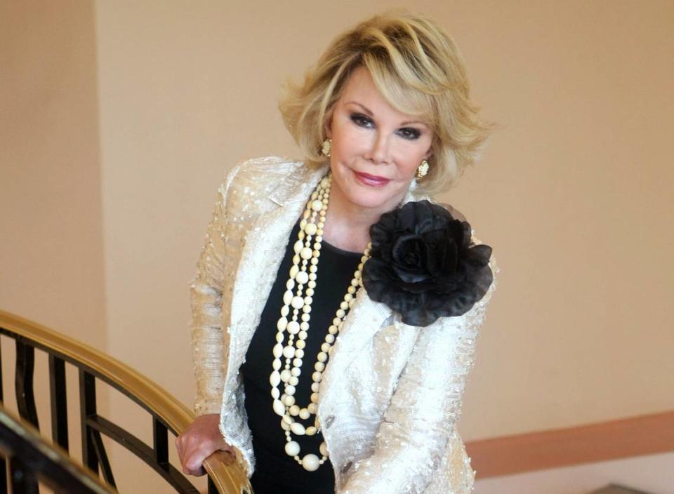 FILE - This Oct. 5, 2009 file photo shows Joan Rivers posing as she presents “Comedy Roast with Joan Rivers “ during the 25th MIPCOM (International Film and Programme Market for TV, Video, Cable and Satellite) in Cannes, southeastern France. (AP Photo/Lionel Cironneau, File)