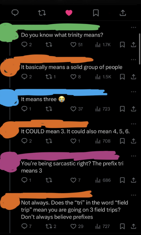 Tweet thread discussing the meaning of "trinity." Comments range from "solid group of people" to "means three" with various interpretations and a debate on prefixes