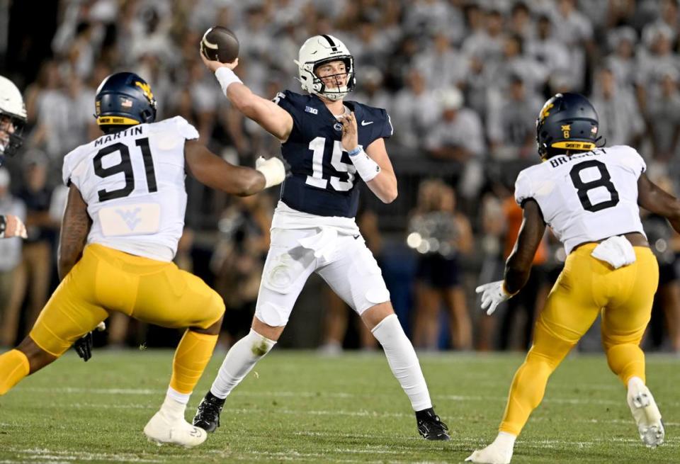 Penn State quarterback Drew Allar makes a pass during the game against West Virginia on Saturday, Sept. 2, 2023.