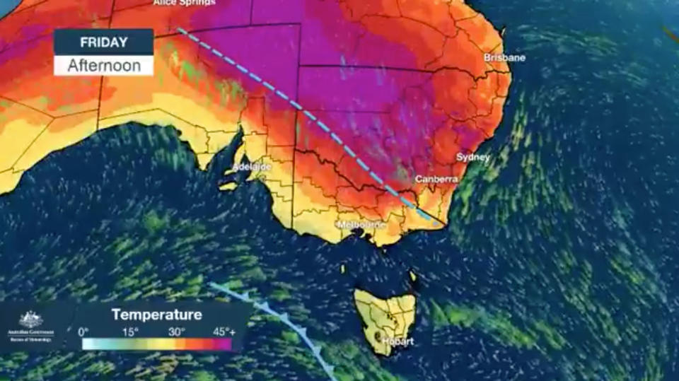 A weather map showing temperatures reaching their peak in NSW and parts of South Australia on Friday afternoon. Source: Bureau of Meteorology