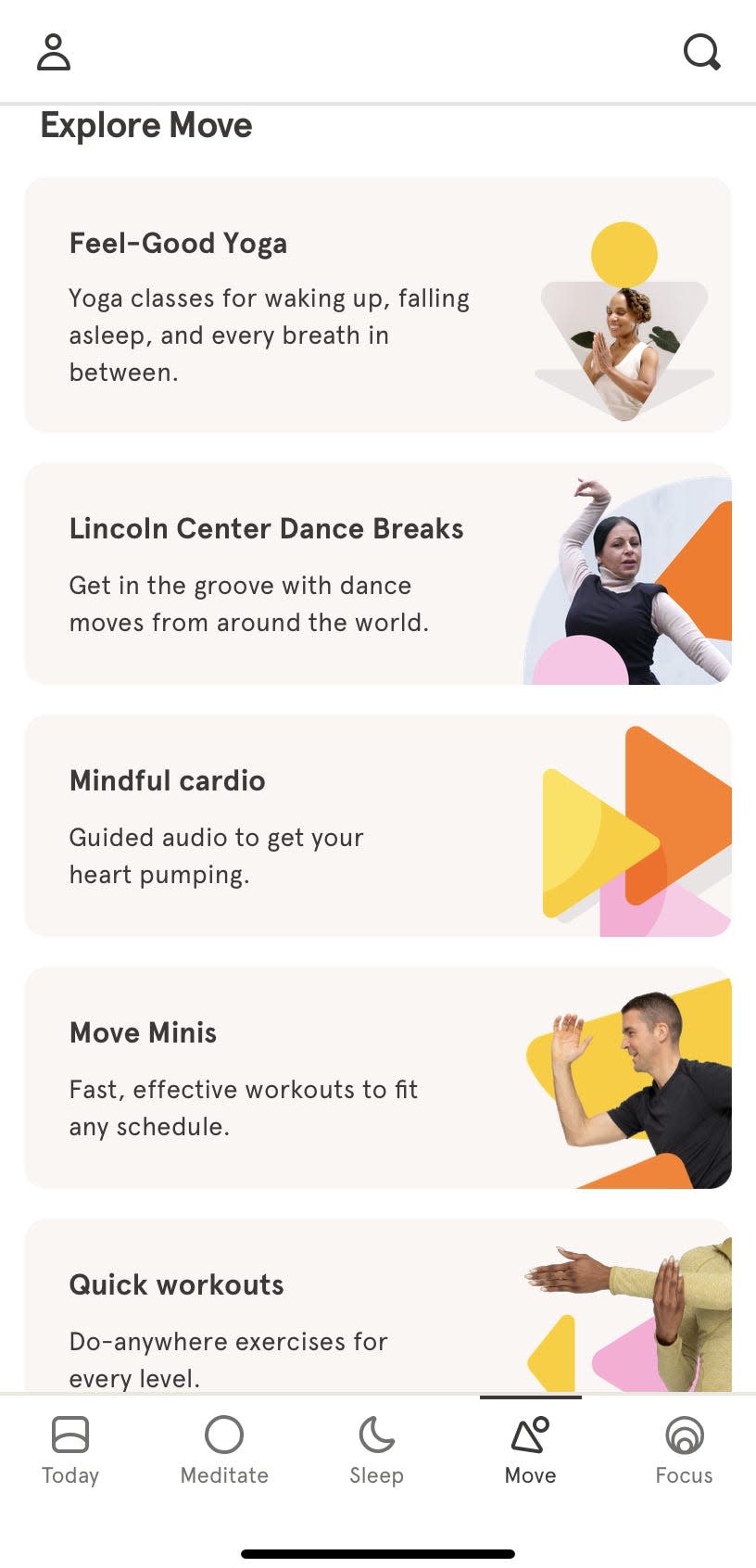 five panels of various exercise activities in a screenshot of the meditation app Headspace