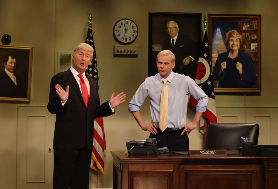 James Austin Johnson as Donald Trump and Mikey Day as Jim Jordan in a still from SNL.