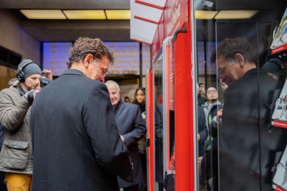 Brian Stokes Mitchell took part in the ribbon-cutting ceremony for the Giving Machine in Rockefeller Center.