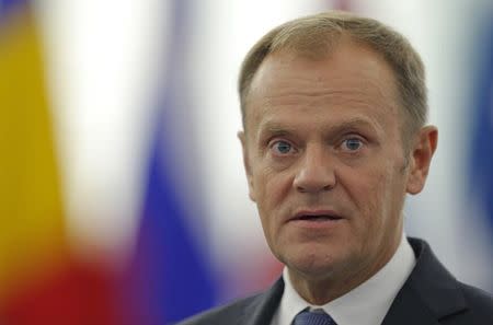 European Council President Donald Tusk addresses the European Parliament during a debate in Strasbourg, France, October 27, 2015. REUTERS/Vincent Kessler