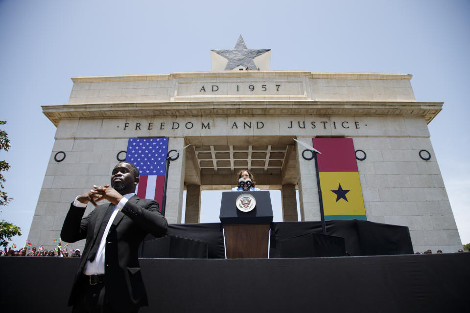 U.S. Vice President Kamala Harris addresses youth gathered on Black Star square in Accra, Ghana, Tuesday March 28, 2023. Harris is on a seven-day African visit that will also take her to Tanzania and Zambia. (AP Photo/Misper Apawu, Pool)