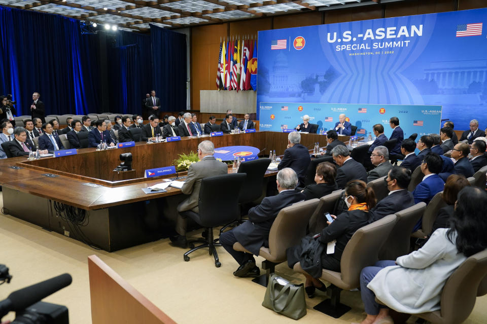 President Joe Biden participates in the U.S.-ASEAN Special Summit to commemorate 45 years of U.S.-ASEAN relations at the State Department in Washington, Friday, May 13, 2022. (AP Photo/Susan Walsh)
