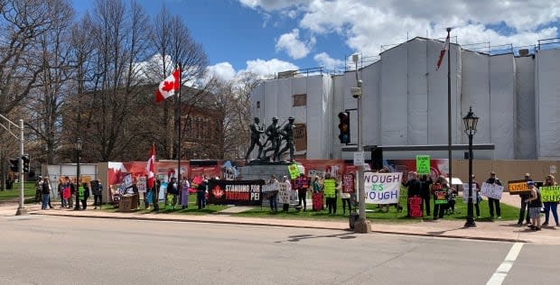 More than two dozen people have been gathering in front of the war memorial in Charlottetown every Saturday to stand up for 'rights and freedoms.' (Shane Ross/CBC - image credit)