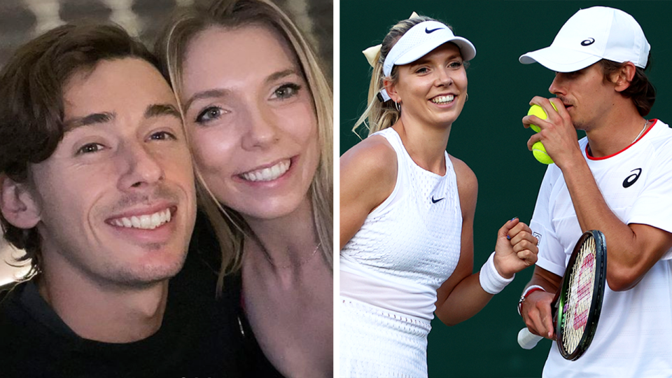 Alex de Minaur hugs Katie Boulter and de Minaur and Boulter speak.