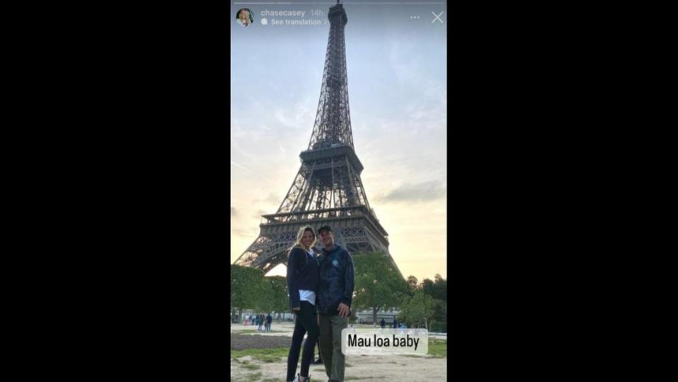 Pat Casey, 29, with his wife, Chase, in Paris.