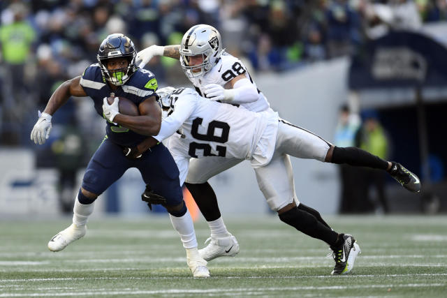 Rock Ya-Sin of the Las Vegas Raiders reacts after making a pass