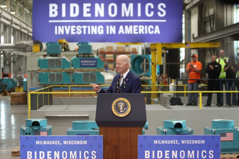 President Joe Biden speaks on "Bidenomics" at Ingeteam in Milwaukee, Wis., on August 15. His strategy has been to grow the economy from the middle out and bottom up. File Photo by Alex Wroblewski/UPI