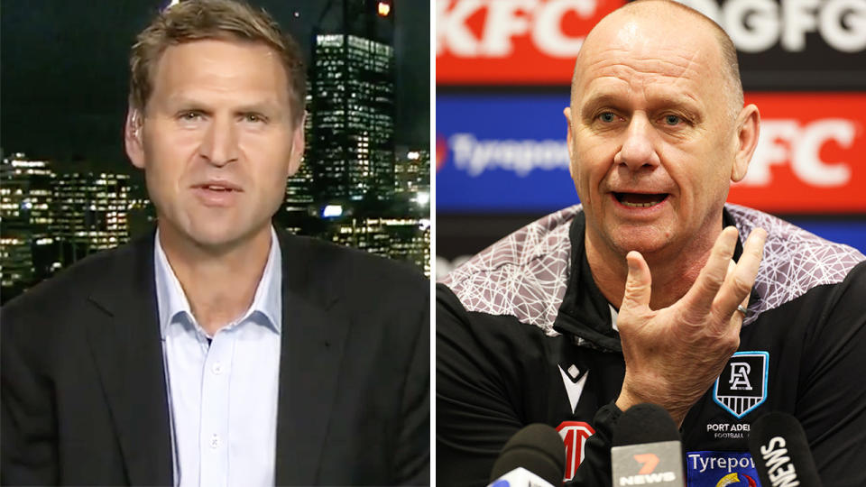 Kane Cornes is standing by his criticism of his former club Port Adelaide and coach Ken Hinkley, after the Power were reportedly unhappy about the premiership star's comments over their preliminary final loss. Pictures: Channel 9/Getty Images