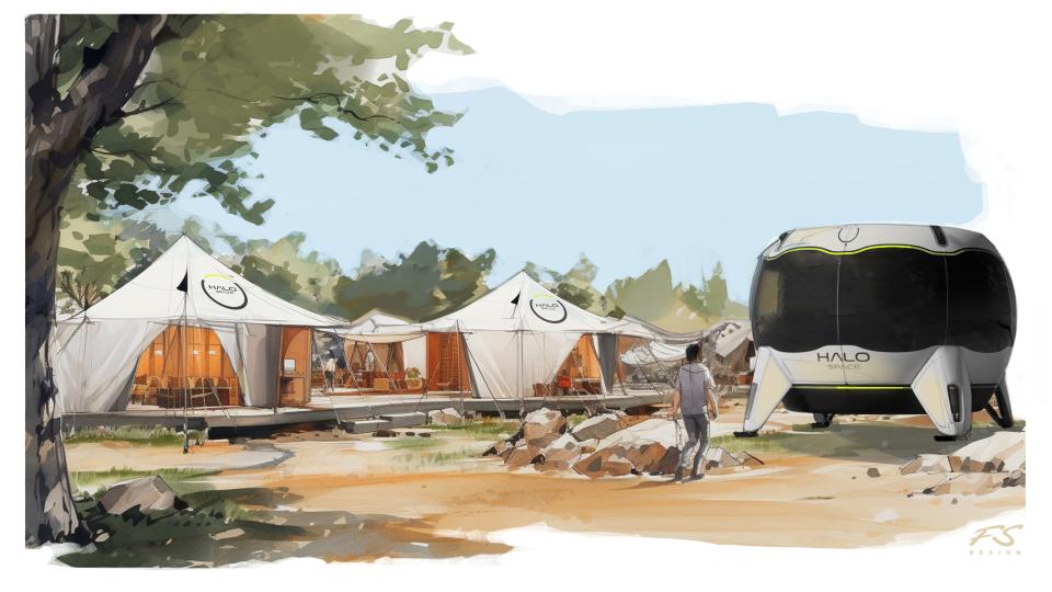 A sketch shows white tents and a Halo Space capsule