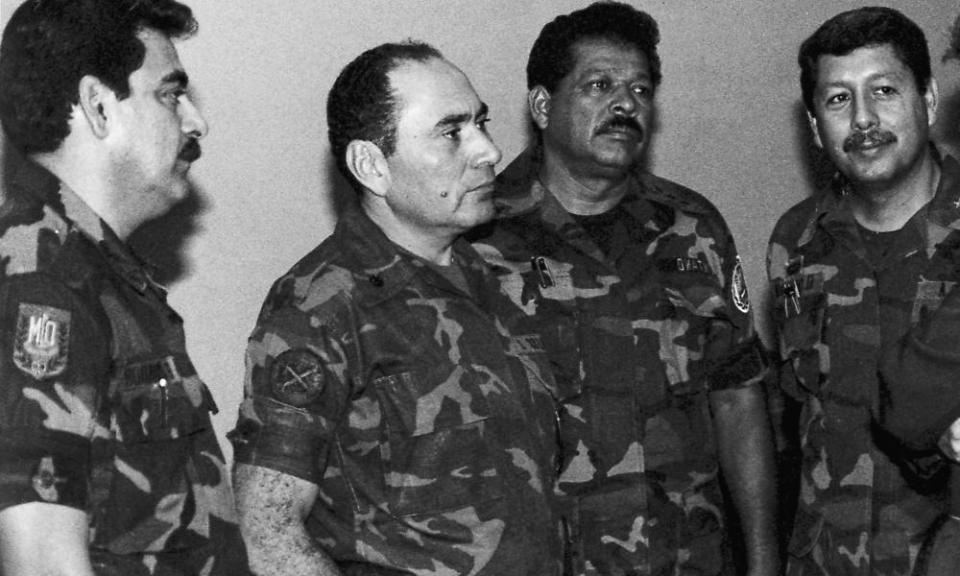 Inocente Orlando Montano (second right) pictured in July 1989 with Col Rene Emilio Ponce, formerly head of the armed forces joint chiefs of staff, Rafael Humberto Larios, formerly defence minister, and Col Juan Orlando Zepeda, formerly defence vice-minister