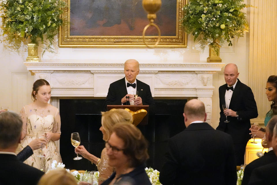 President Joe Biden speaks to members of the National Governors Association during an event in the State Dining Room of the White House in Washington, Saturday, Feb. 24, 2024. (AP Photo/Stephanie Scarbrough)