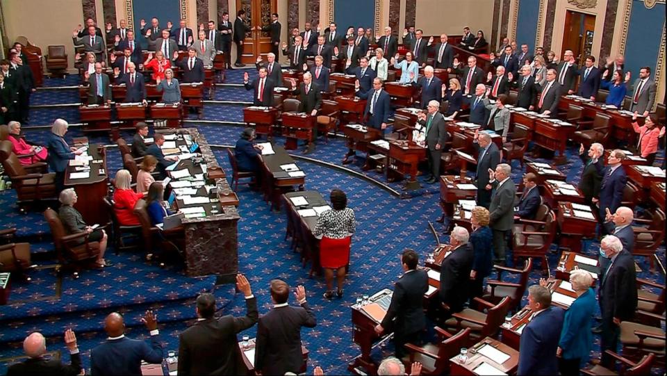 PHOTO: Sen. Patty Murray, D-Wash., swears senators in for the impeachment trial of Homeland Security Secretary Alejandro Mayorkas on the Senate floor at the U.S. Capitol, April 17, 2024, in Washington. (Senate Television via AP)