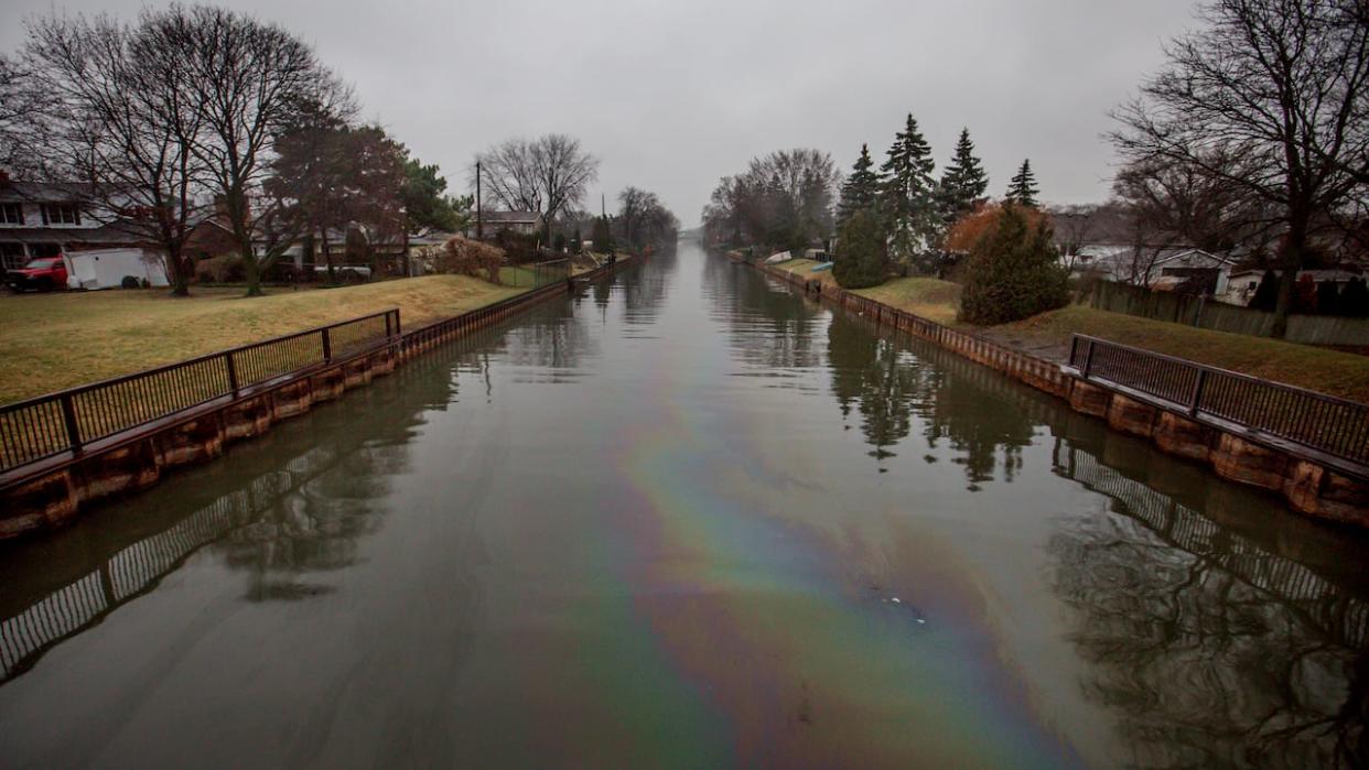 Windsor city workers, along with the Windsor fire department and the Ministry of Environment, Conservation and Parks, are investigating an oily substance that appeared in Little River on Dec. 26.  (Dax Melmer/CBC - image credit)