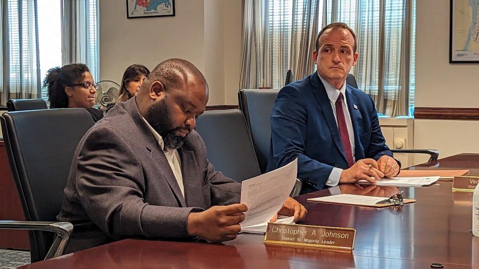 County Legislator Chris Johnson, D-Yonkers, left, and Board Chair Vedat Gashi, D-Yorktown, attended a Board of Legislators committee meeting on Wednesday.