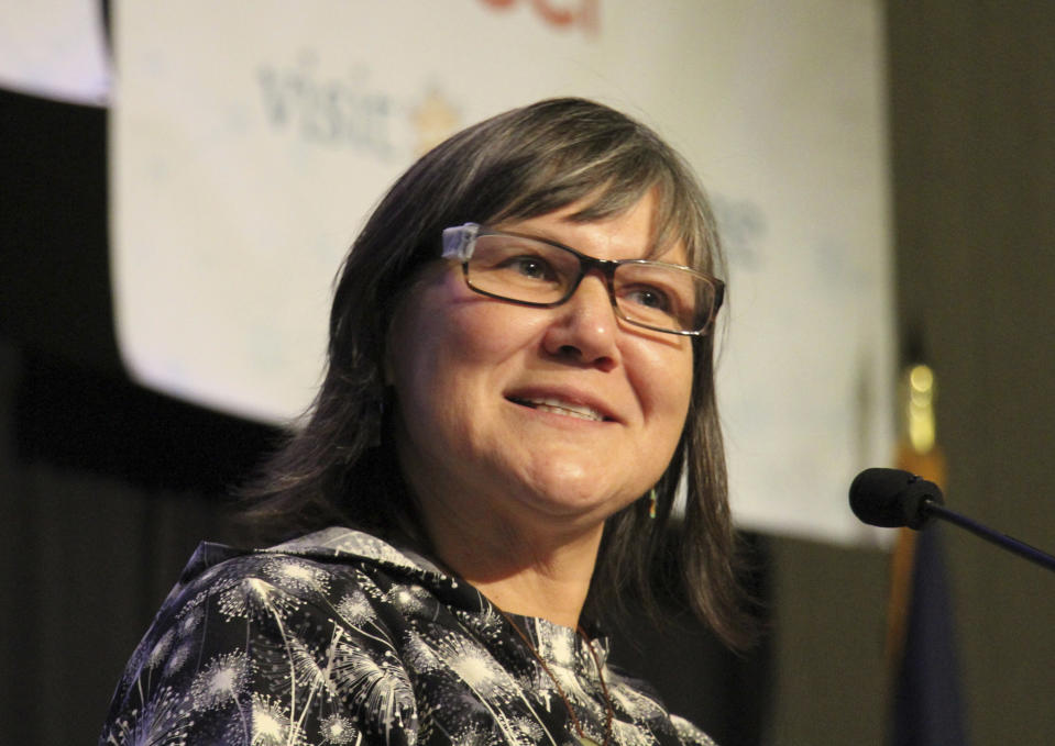 Alaska Lt. Gov. Valerie Davidson addresses delegates at the annual Alaska Federation of Natives conference in Anchorage, Alaska, on Thursday, Oct. 18, 2018. Davidson was sworn in as lieutenant governor on Oct. 16, 2018, when Bryon Mallott resigned. (AP Photo/Mark Thiessen)