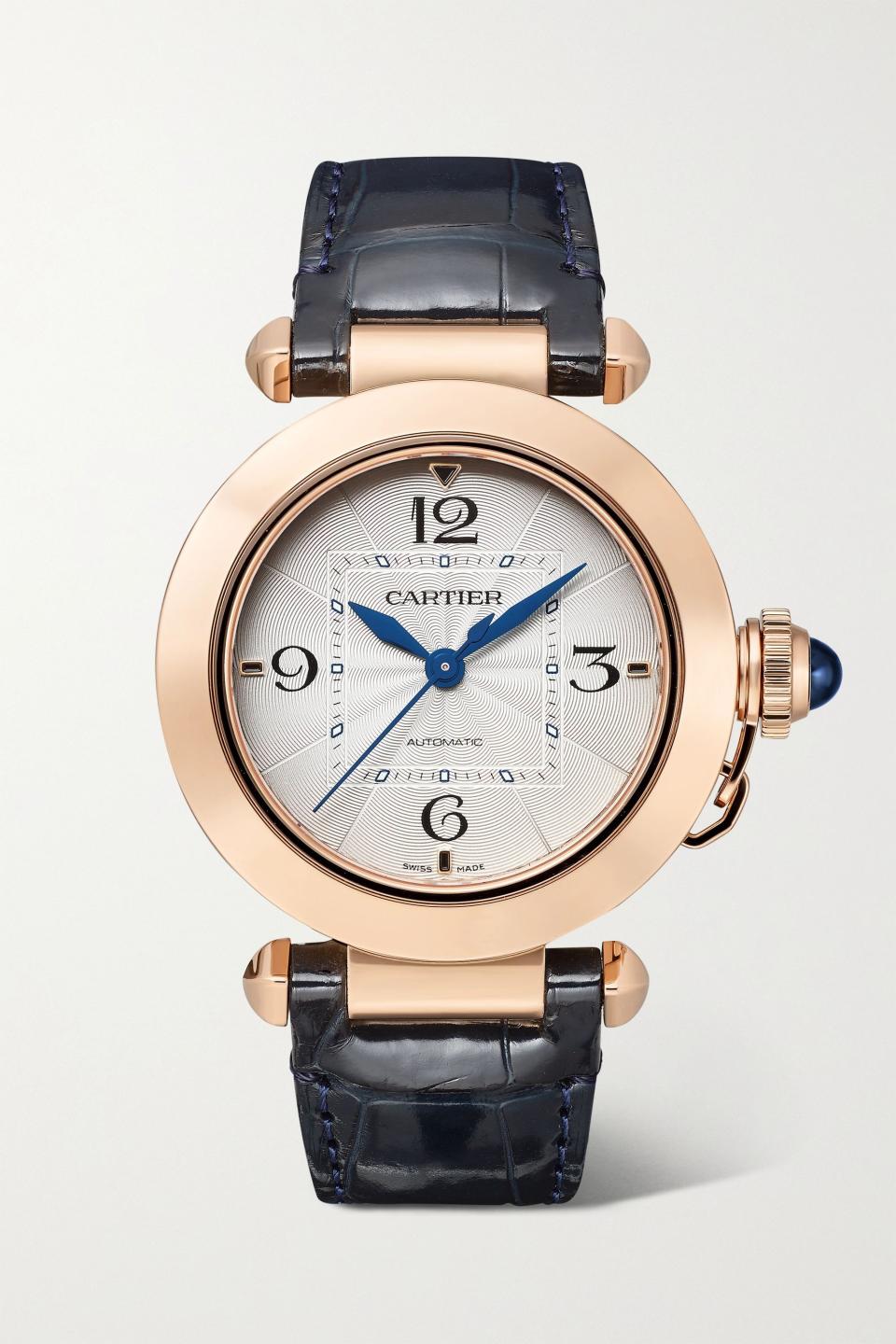 Pasha de Cartier Automatic 35mm 18-karat rose gold and alligator watch