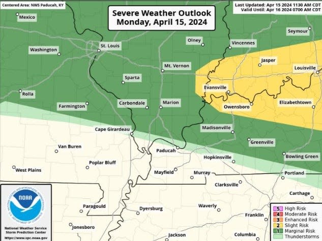 The National Weather Service says there is a slight risk for severe weather in the Evansville/Henderson area on Monday.