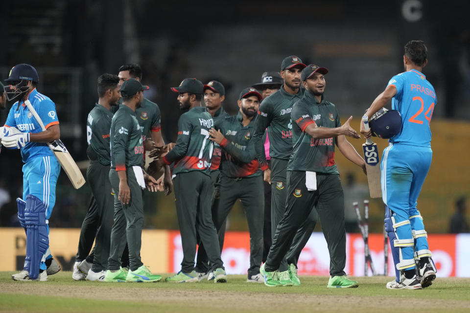 Bangladesh's team members celebrate their six runs win over India in the Asia Cup cricket match between Bangladesh and India in Colombo, Sri Lanka, Friday, Sept.15, 2023. (AP Photo/Eranga Jayawardena)