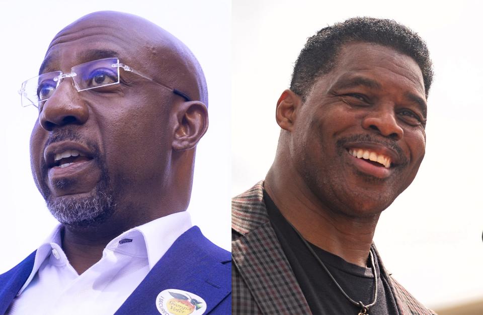 This combination of photos shows Democratic Sen. Raphael Warnock, left, and Republican Senate candidate Herschel Walker.