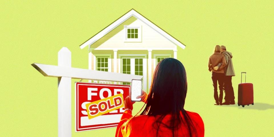 Graphic of woman taking a picture of a for sale sign in front of a house, with a couple looking at the house and embracing