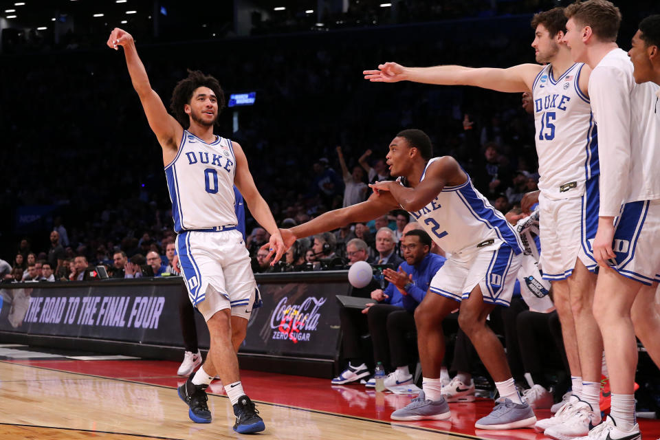 Duke guard Jared McCain (0) drained eight 3-pointers en route to 30 points in Sunday's win over James Madison in the second round of the NCAA tournament. (Brad Penner-USA TODAY Sports)