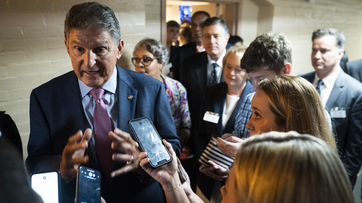 Sen. Joe Manchin, D-W.Va., speaks after a meeting with Texas House Democratic Caucus legislature members on Capitol Hill on Thursday, July 15, 2021 in Washington, DC. (Jabin Botsford/The Washington Post via Getty Images)