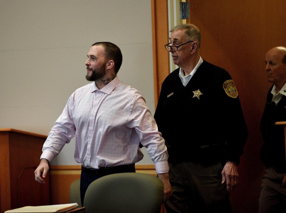 Adam Montgomery enters the courtroom for jury selection ahead of his murder trial at Hillsborough County Superior Court in Manchester, N.H, on Feb. 6, 2024. He is accused of killing his five-year-old daughter, Harmony. David Lane/UNION LEADER POOL