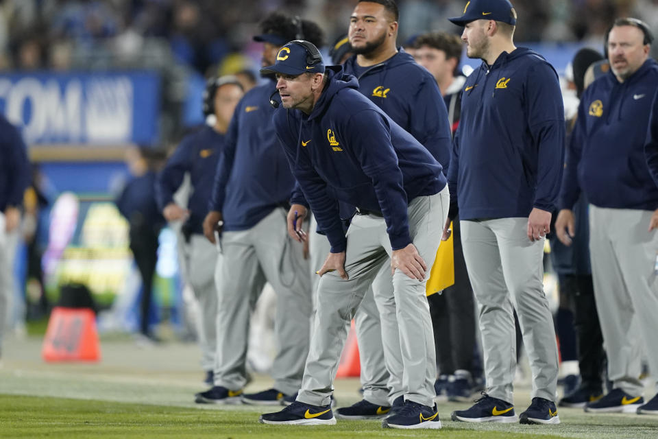 California coach Justin Wilcox watches from the sideline during the first half of the team's NCAA college football game against UCLA, Saturday, Nov. 25, 2023, in Pasadena, Calif. (AP Photo/Ryan Sun)