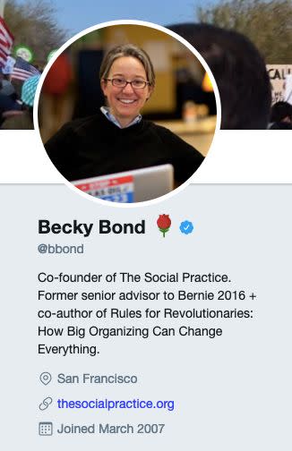 On her Twitter account, Bond continued to sport the rose emoji associated with the pro-single-payer Democratic Socialists of America after O&rsquo;Rourke expressed opposition to the idea. After a torrent of criticism, she deactivated the account. (Photo: Becky Bond)