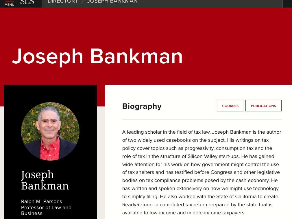 Screen cap of Joseph Bankman's bio at Stanford University