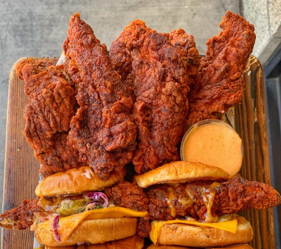Dave's Hot Chicken specializes in jumbo hot chicken tenders and sliders, hand-breaded, deep-fried and served on a spice-intensity scale of “no spice” to “Reaper.”