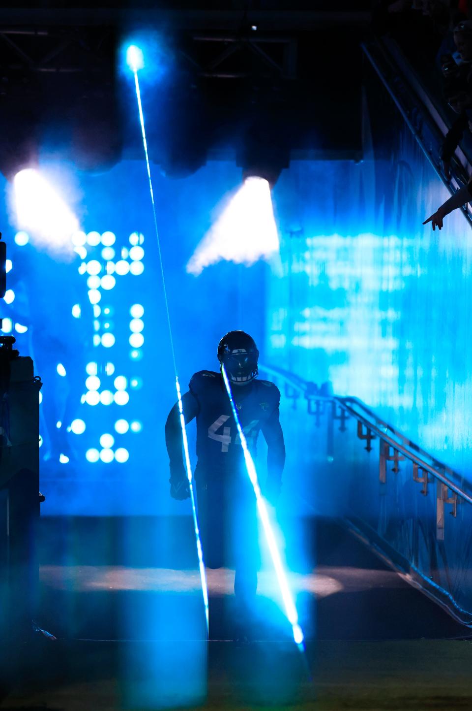 Jaguars linebacker Travon Walker (44) is introduced before a Sunday night game against the Baltimore Ravens in December.