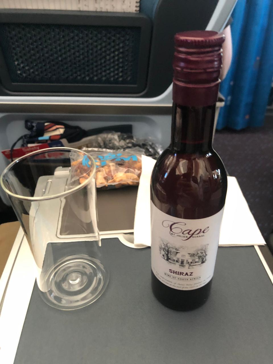 Wine from the first drink service in KLM's Premium Comfort class.