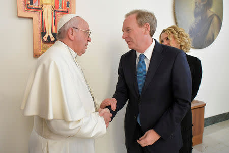 Microsoft President and Chief Legal Officer Brad Smith meets with Pope Francis at Saint Martha's House at the Vatican, February 13, 2019. Vatican Media/Handout via REUTERS