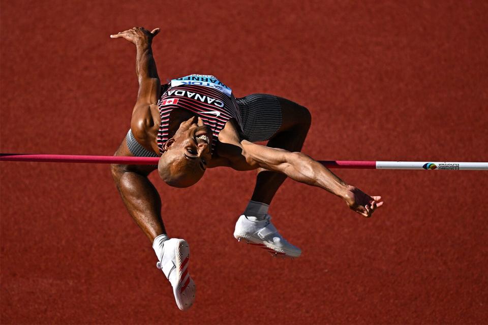 Oregon , United States - 23 July 2022; Damian Warner of Canada competes in the high jump of the men's decathlon during day nine of the World Athletics Championships at Hayward Field in Eugene, Oregon, USA.