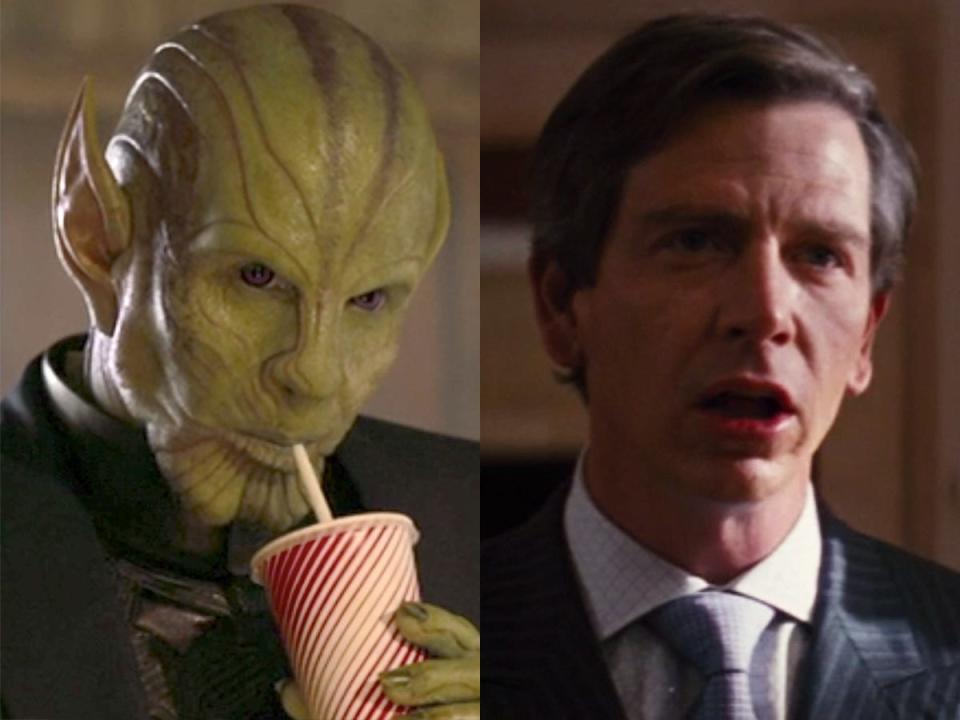 On the left: Ben Mendelsohn as Talos in "Captain Marvel." On the right: Mendelsohn as Daggett in "The Dark Knight Rises."