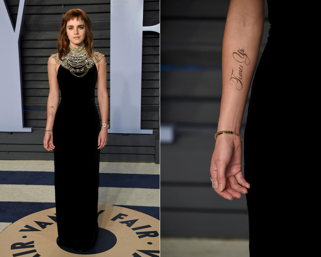 Emma Watson erschien zur „Vanity Fair“-Oscar-Party mit einem Fake-Tattoo. (Bild: AP Photo)