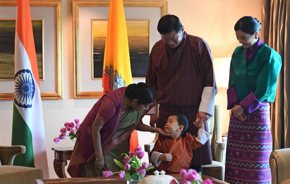 Indian Foreign Minister Sushma Swaraj, prince Jigme Namgyel Wangchuck, King Jigme Khesar Namgyel Wangchuck and Queen Jetsun Pema in New Delhi in November 2017.&nbsp;