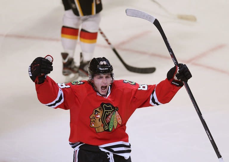 Patrick Kane of the Chicago Blackhawks celebrates a goal during their game against the Calgary Flames on April 26, 2013. The Blackhawks and Pittsburgh Penguins, who each won a league-best 36 games in a shortened NHL season, are co-favorites in the Stanley Cup playoffs that start Tuesday