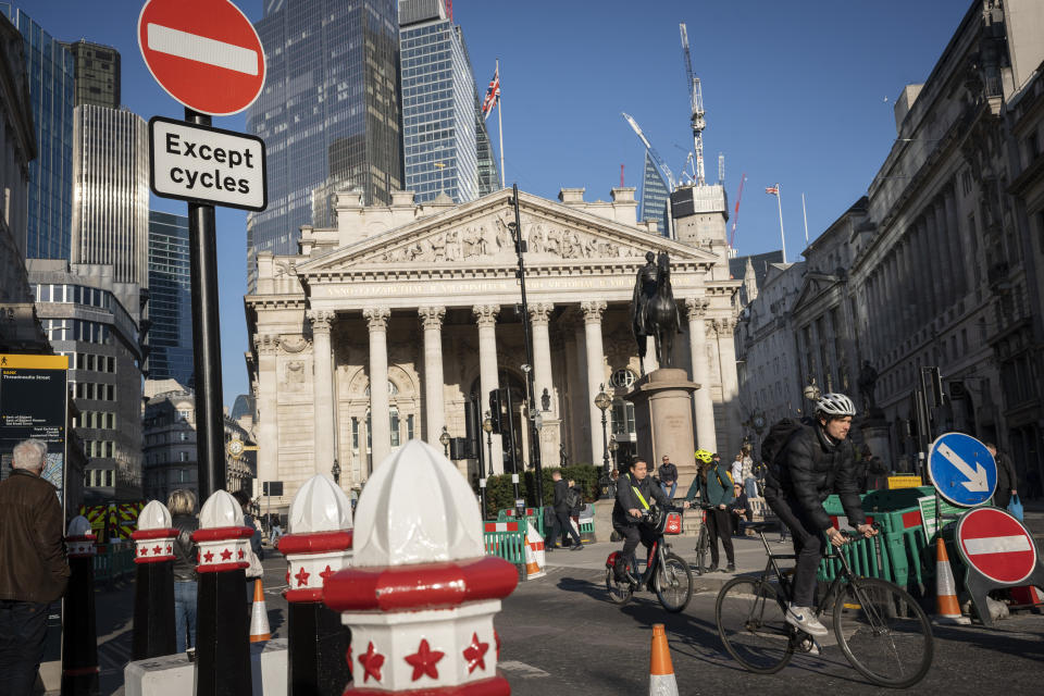 FTSE 100 No Entry to vehicle traffic signpost at the corner of Threadneedle Street, Royal Exchange and Bank in the City of London, aka the Square Mile - the capital's financial district, on 4th April 2023, in London, England. (Photo by Richard Baker / In Pictures via Getty Images)