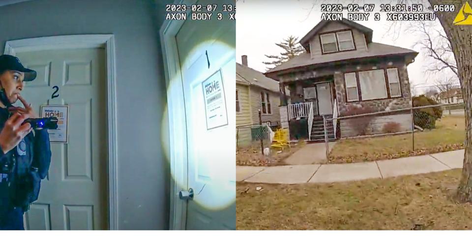 On the left, an image of a law enforcement officer pointing a flashlight at doors labeled "1" and "2"; on the right the exterior of a single-family home.