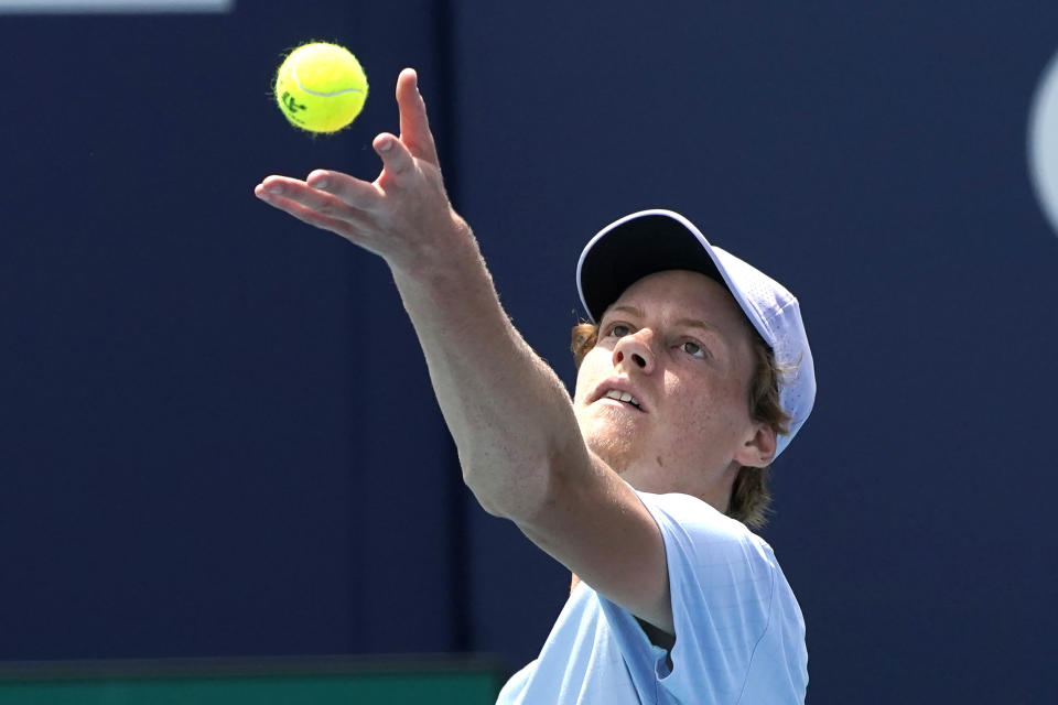 Jannik Sinner, of Italy ,serves to Roberto Bautista Agut, of Spain, during the semifinals of the Miami Open tennis tournament, Friday, April 2, 2021, in Miami Gardens, Fla. (AP Photo/Lynne Sladky)