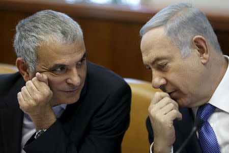 Israeli Prime Minister Benjamin Netanyahu (R) speaks with Finance Minister Moshe Kahlon during the weekly cabinet meeting in Jerusalem January 31, 2016. REUTERS/Amir Cohen